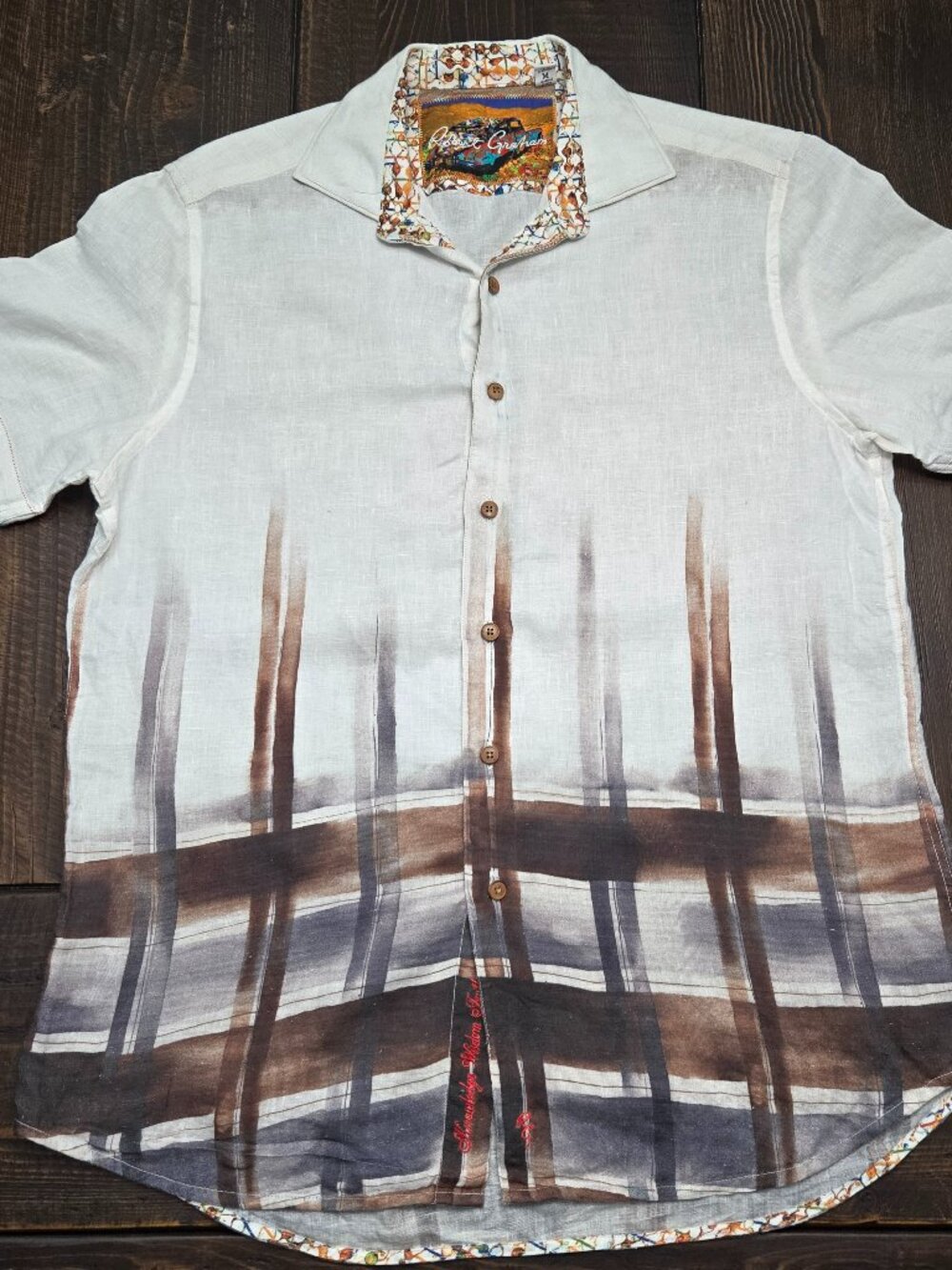 Robert Graham Linen Shirt Mens M Short Sleeve Abstract Watercolor Boho Luxury